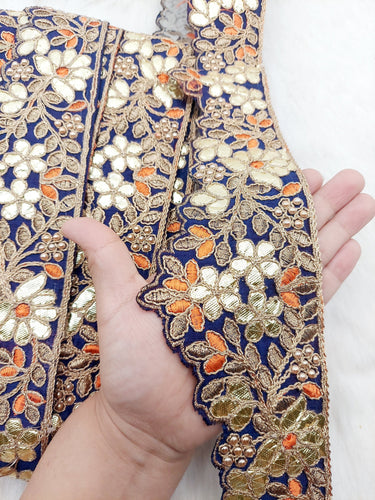Art Silk Fabric Trim, Floral Embroidery Gold Gota Patti Indian Sari Border Trim By Yard Decorative Trim, Embroidered Indian Foil Work